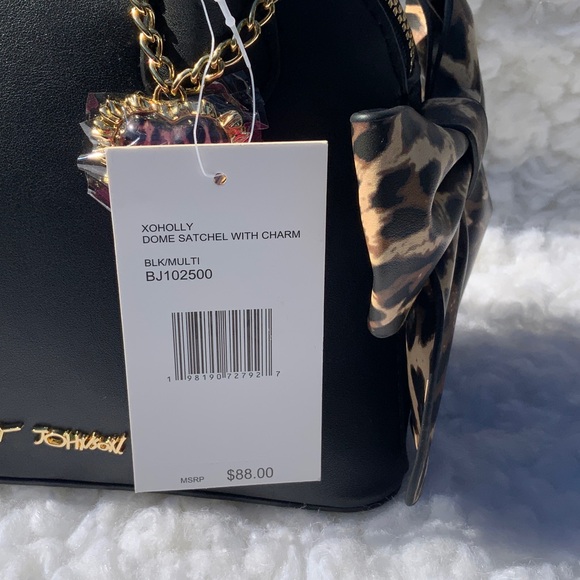 Betsey Johnson XOHOLLY DOME Black Satchel with Leopard Trim and Gold Hardware - Picture 11 of 15